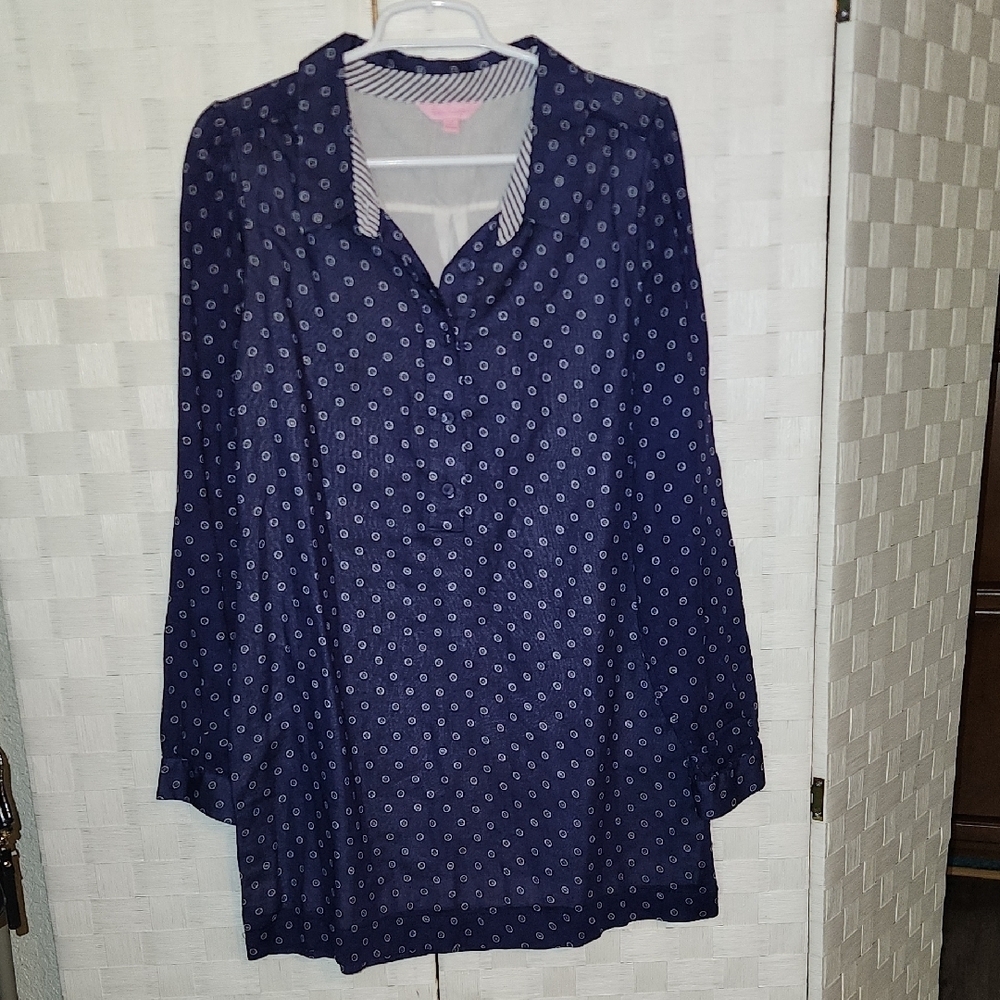 Lilly Pulitzer Davie Dot Navy Button Down Shirt Dress Sz 12